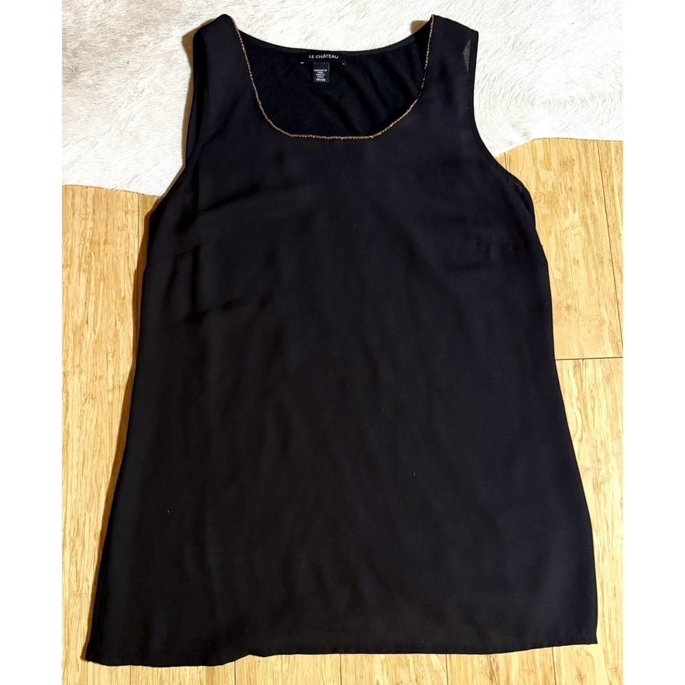 Vintage Y2K Le Chateau Top Womens XS Black Tank Sequins Draped Silky‎ Gold Beads